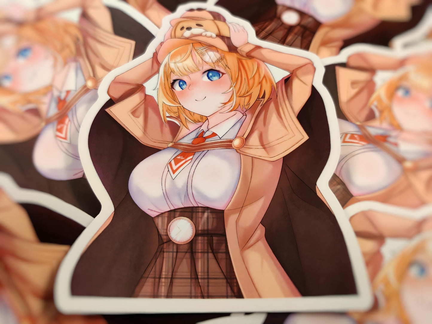 Custom design sticker featuring Amelia Watson from Hololive holding a cute dog above her head pose.