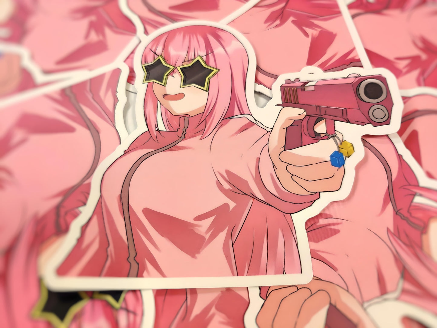 Custom sticker featuring Hitori Gotou from Bocchi the Rock with the popular meme, Bocchi the Glock