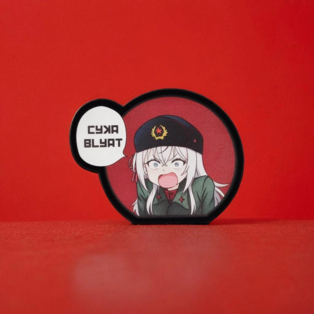 Circular badge with anime character and speech bubble on a red background