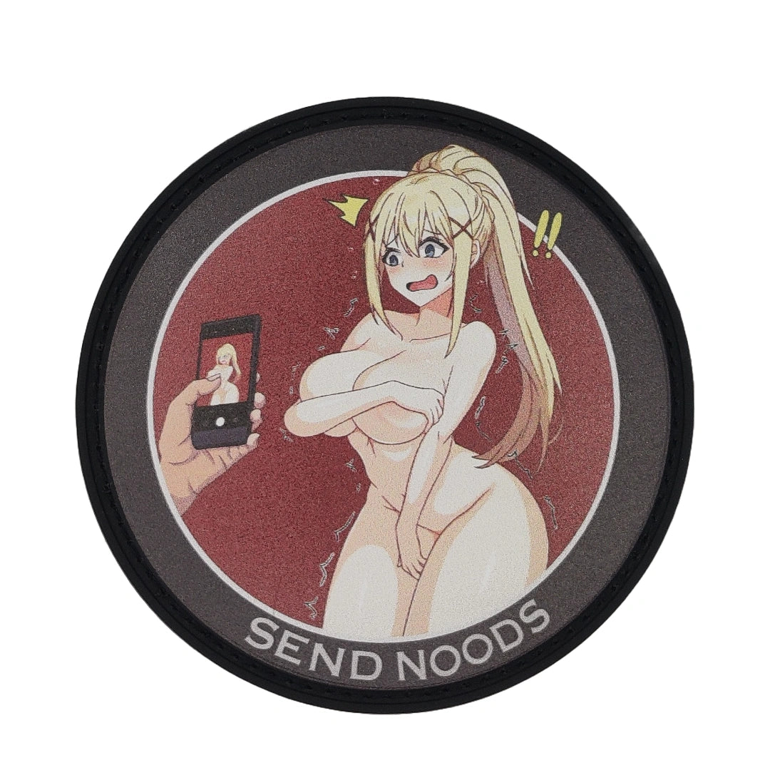 Circular product with anime-style illustration and text 'SEND NOODS' on a white background