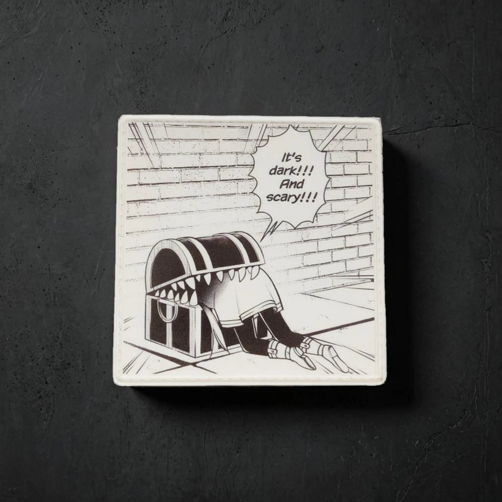 Cartoon character peeking from a dark alleyway with a speech bubble saying 'It's dark!!! And scary!!!' with charcoal color background.