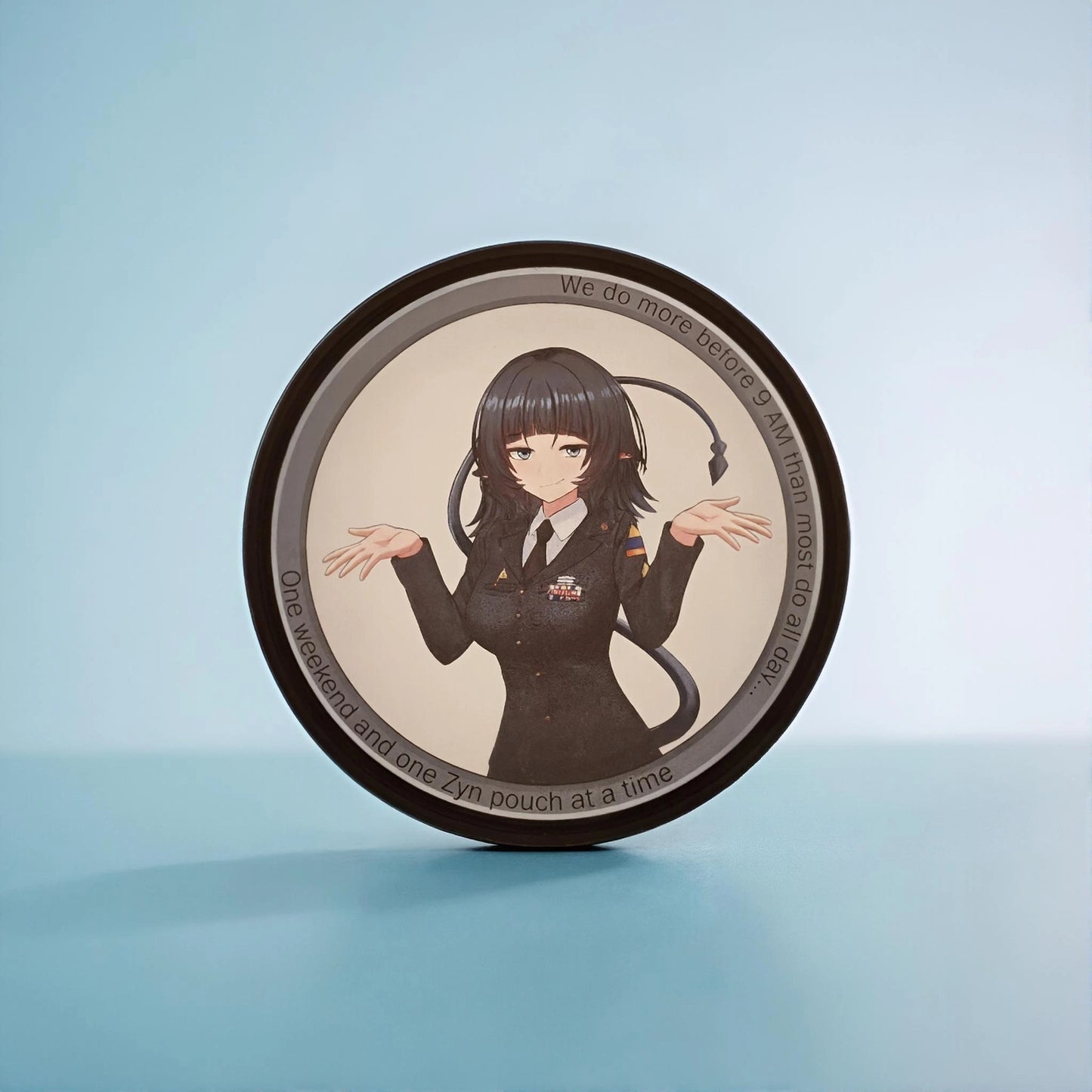 Circular Jane Doe from Zenless Zone Zero on a light blue background