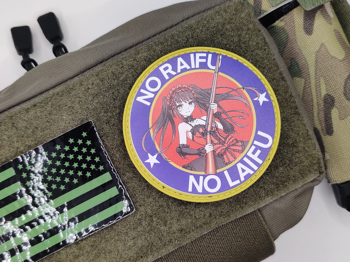 Patch with an anime character and text on a bag