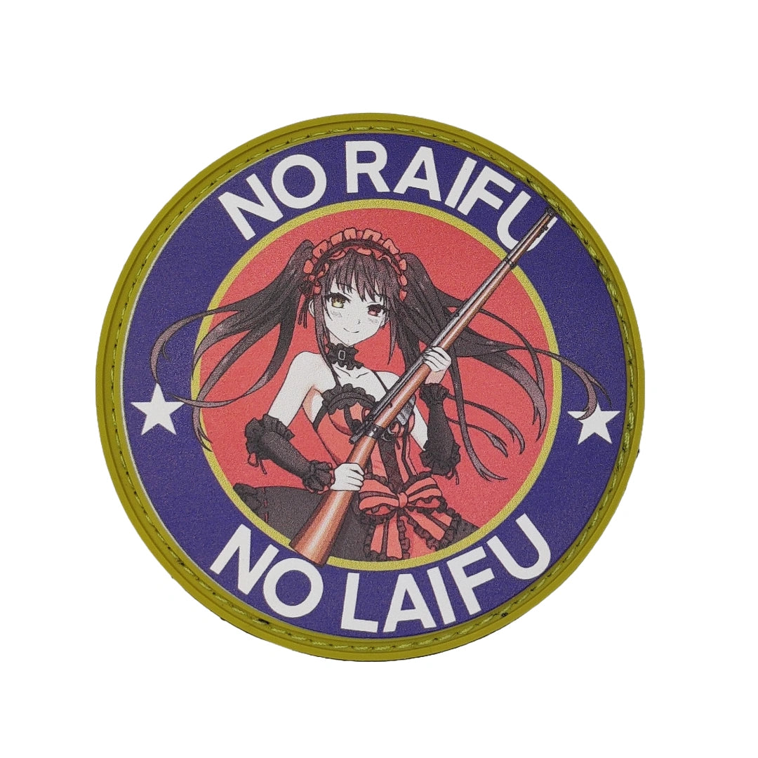 Circular patch with anime character holding a rifle and 'NO RAIFU NO LAIFU' text on a white background