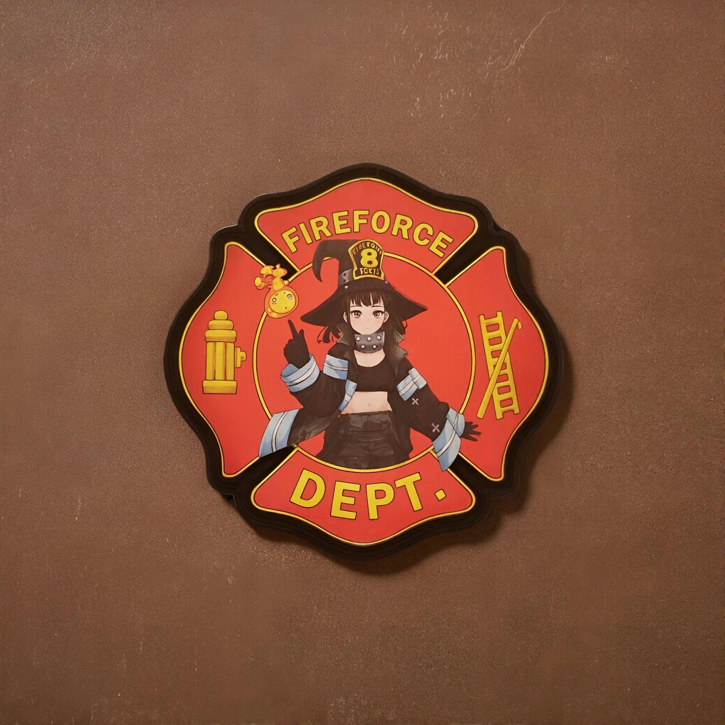 Firefighter-themed badge with Maki Oze from FireForce anime on a brown background