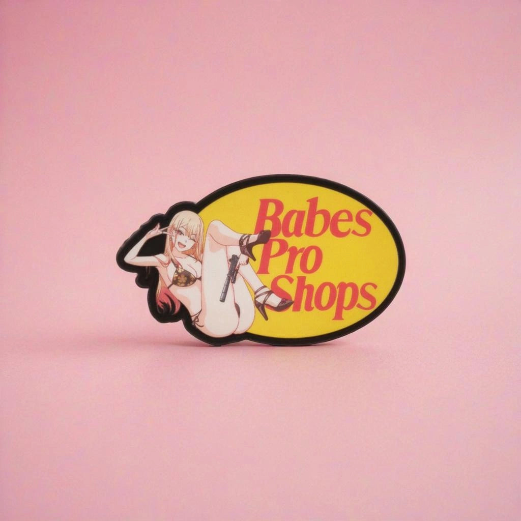 Pin-up style logo with 'Babes Pro Shops' text on a pink background
