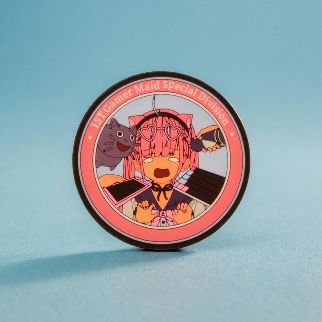 Circular badge with anime character and text on a light blue background