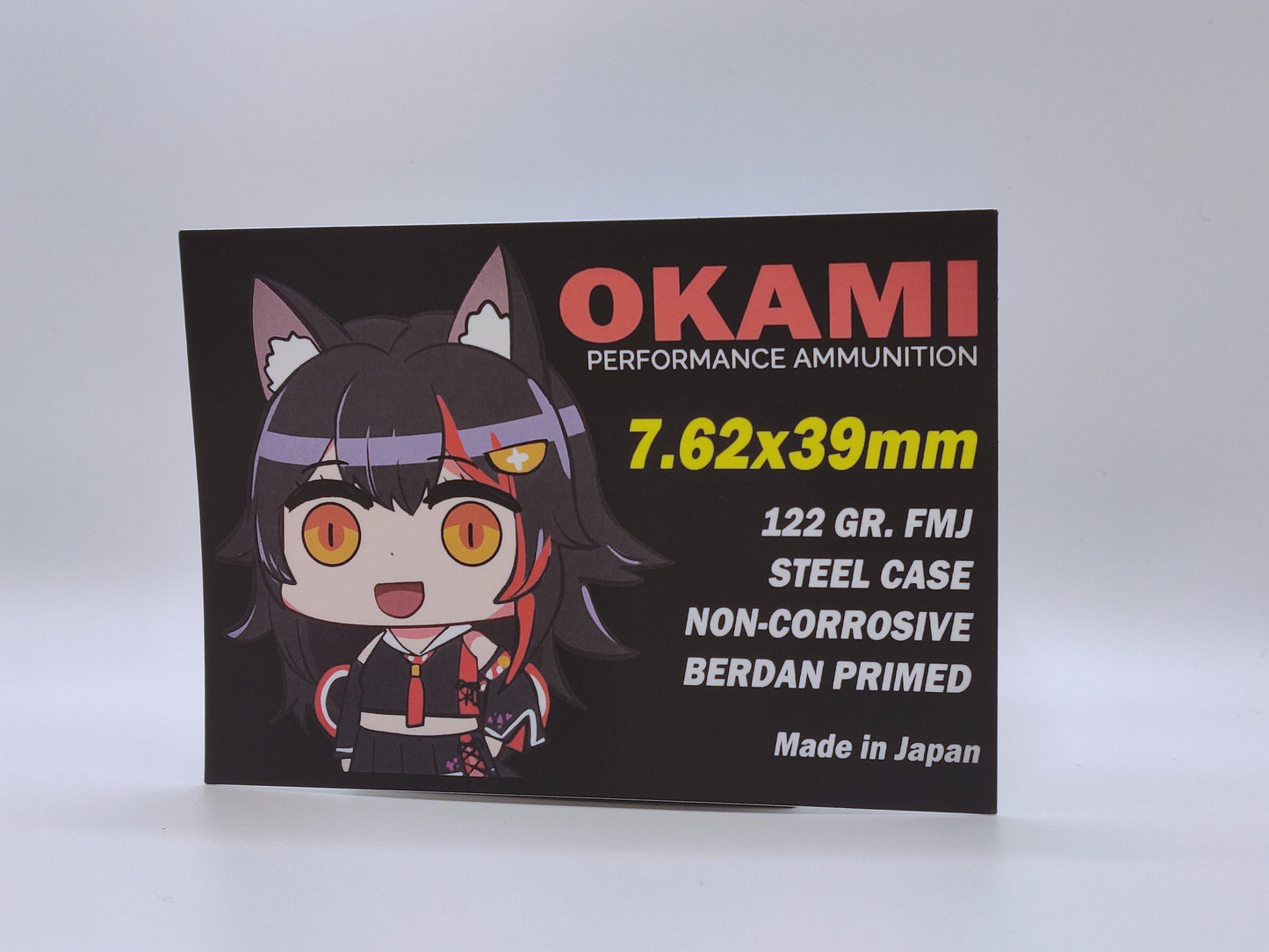 Feature OOkami Mio from Hololive, blending with the popular ammo brand and turn into a fun parody.
