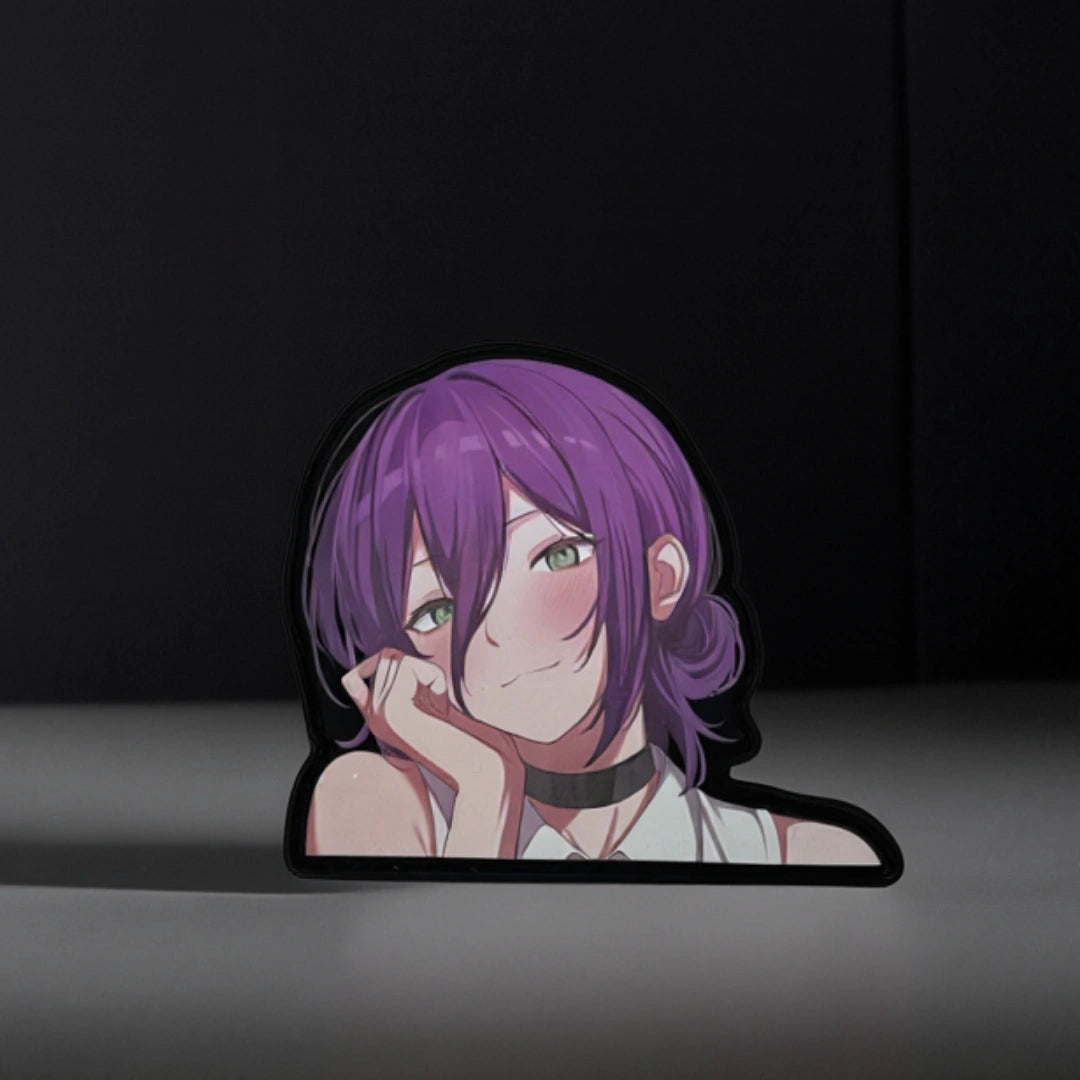 Acrylic standee of an anime character with purple hair on a dark background