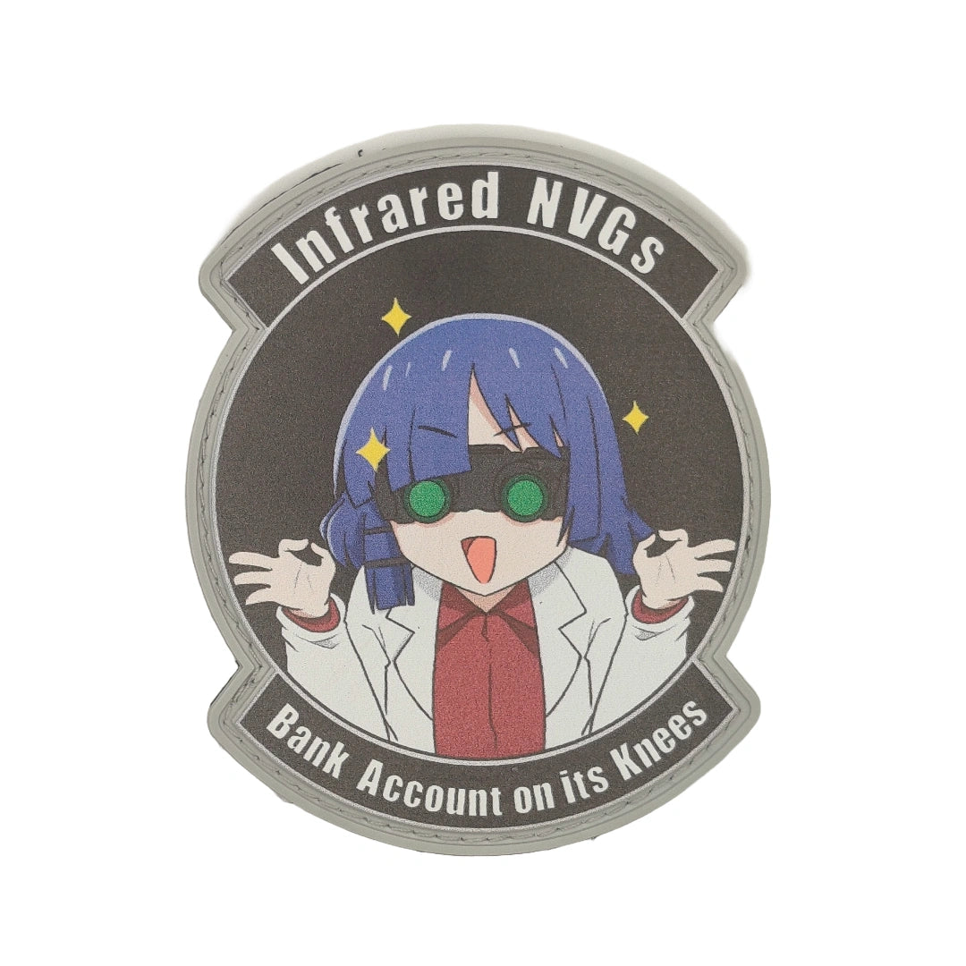 Sticker with a character design and text 'Infrared NVGS' and 'Bank Account on its Knees' on a black background.
