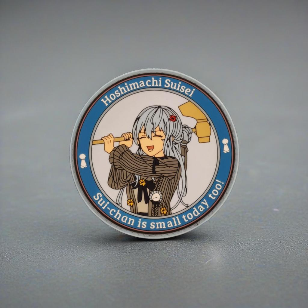 Circular badge with an illustration of a character holding a tool, on a gray background