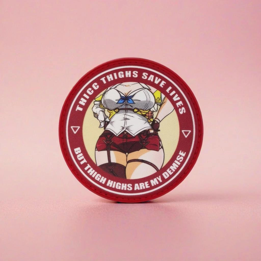 Round patch with cartoon character and text on a pink background