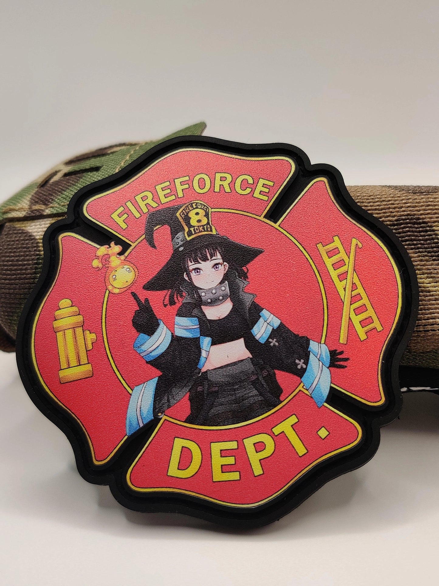 Fireforce Dept. patch with Maki Oze from FireForce Anime on a camouflage background