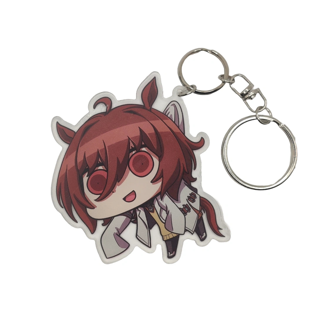 Keychain of anime character Agnes Tachyon from Uma Musume on a white background