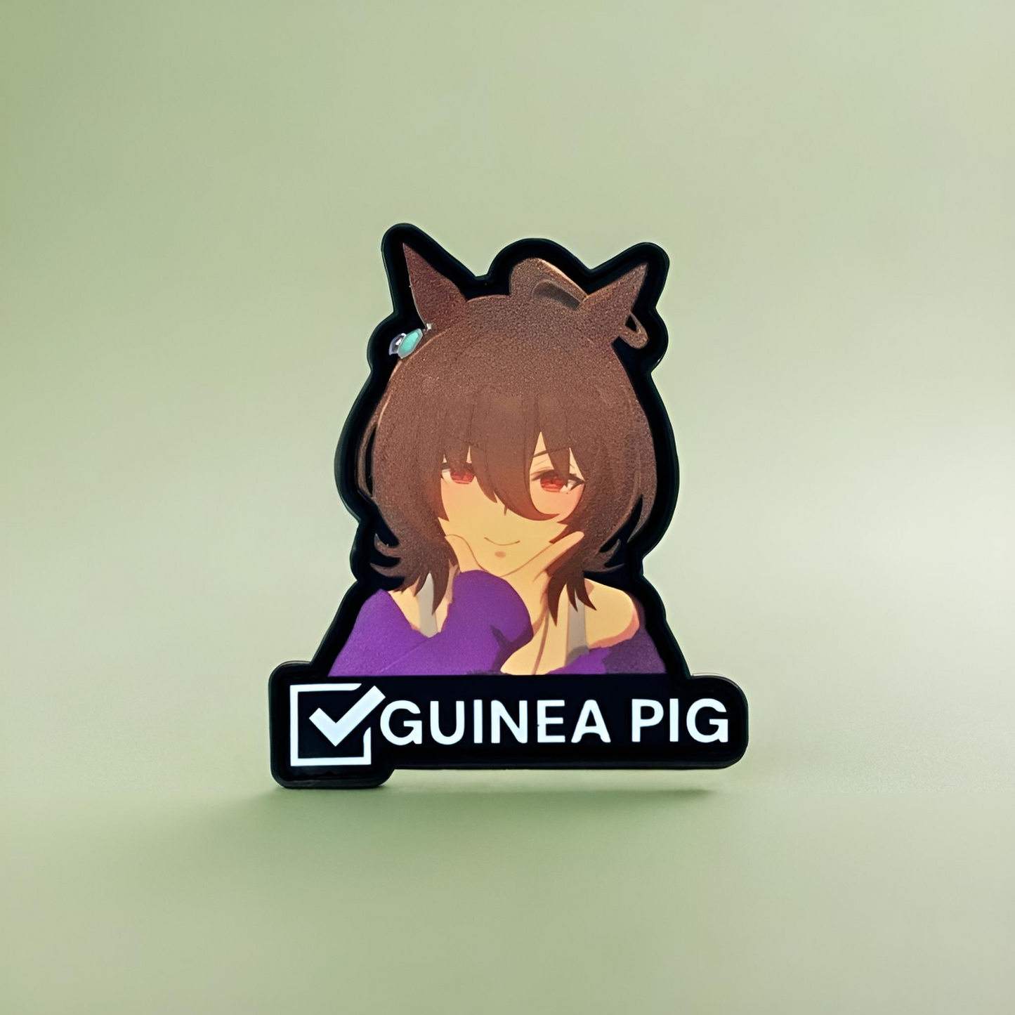 Sticker of agnes from uma musume and 'GUINEA PIG' text on a light green background