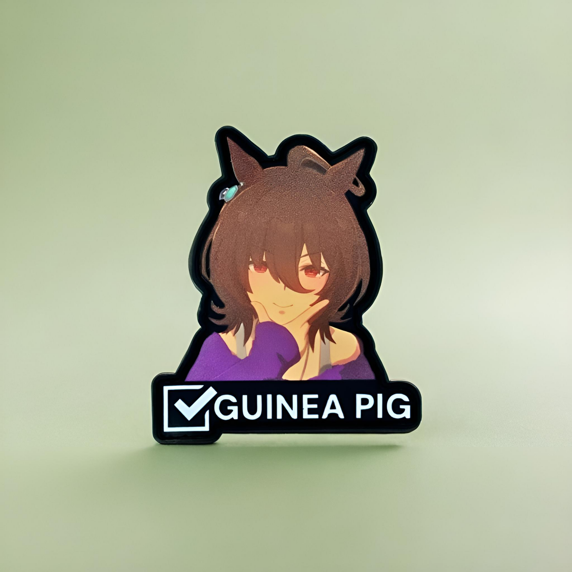 Sticker of agnes from uma musume and 'GUINEA PIG' text on a light green background