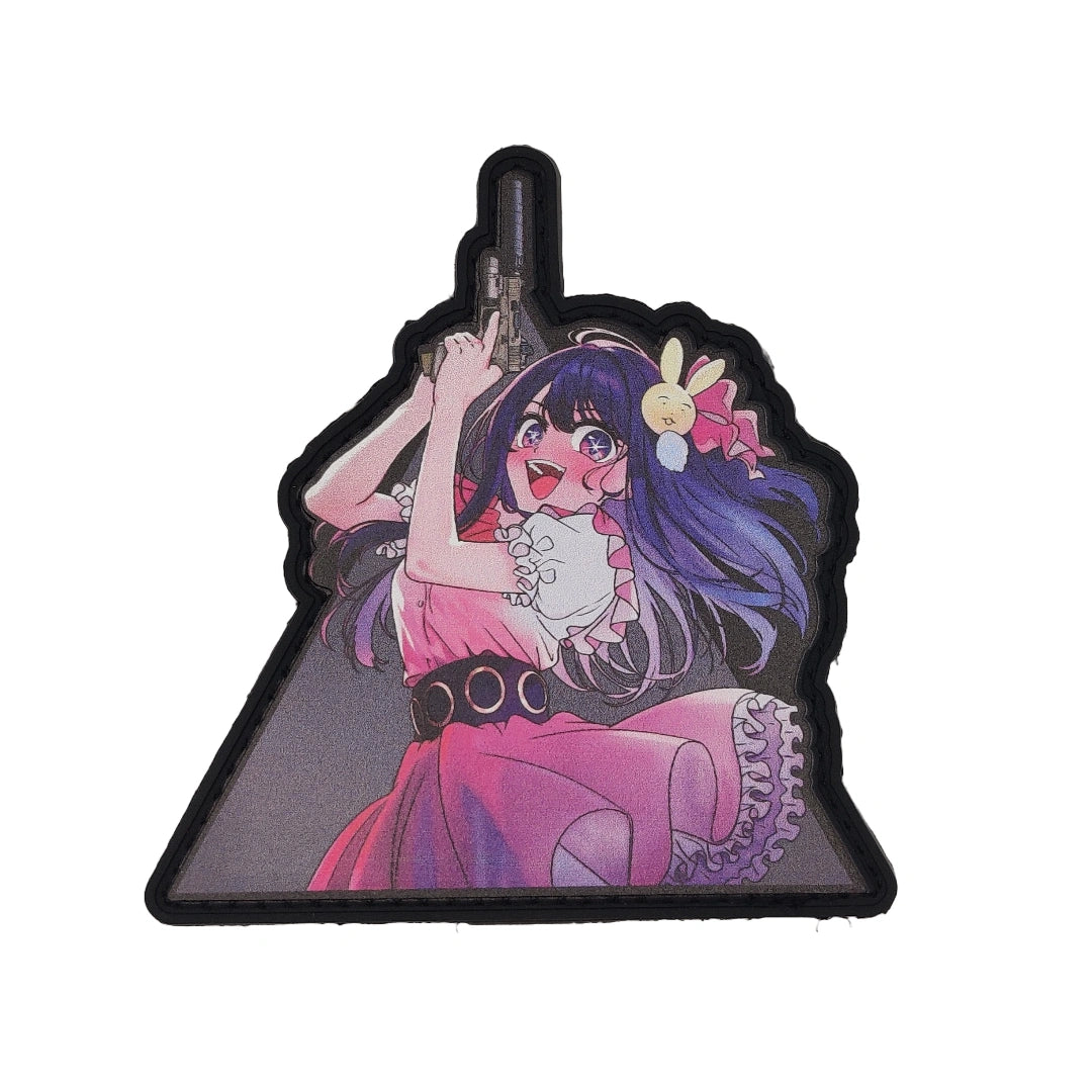 Anime-style character with purple hair and pink outfit on a black background