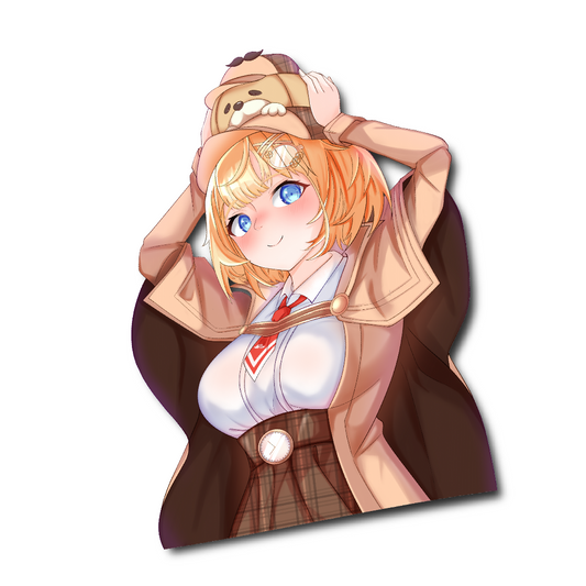 Custom design sticker featuring Amelia Watson from Hololive holding a cute dog above her head pose.