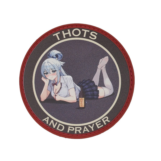 Circular patch with an anime-style character and text 'THOTS AND PRAYER' on a white background