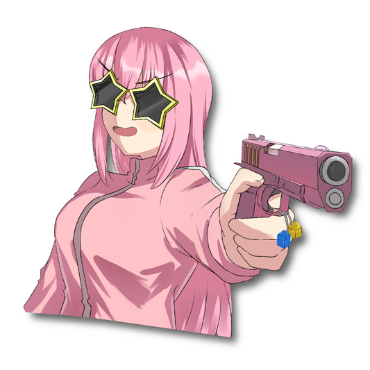 Custom sticker featuring Hitori Gotou from Bocchi the Rock with the popular meme, Bocchi the Glock