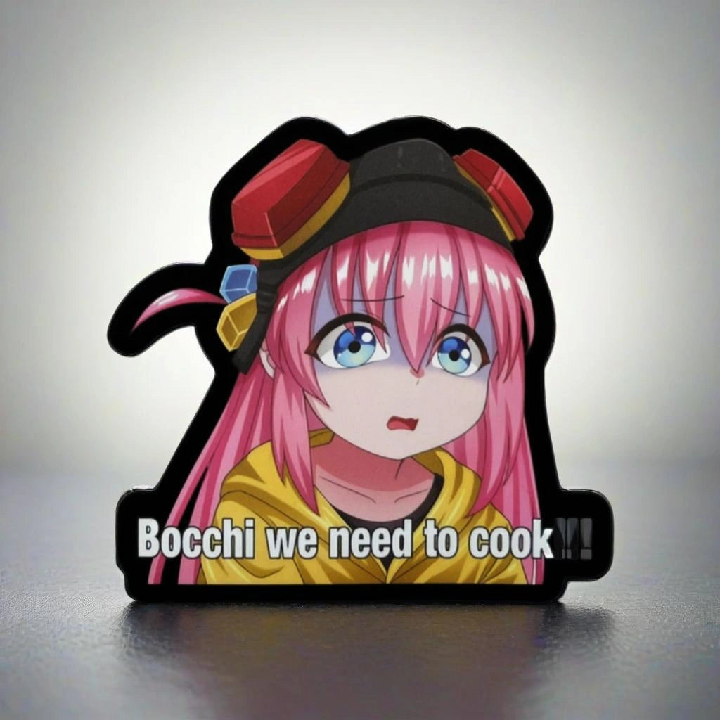 Anime character with pink hair and a yellow outfit on a black background with text 'Bocchi we need to cook!!'.