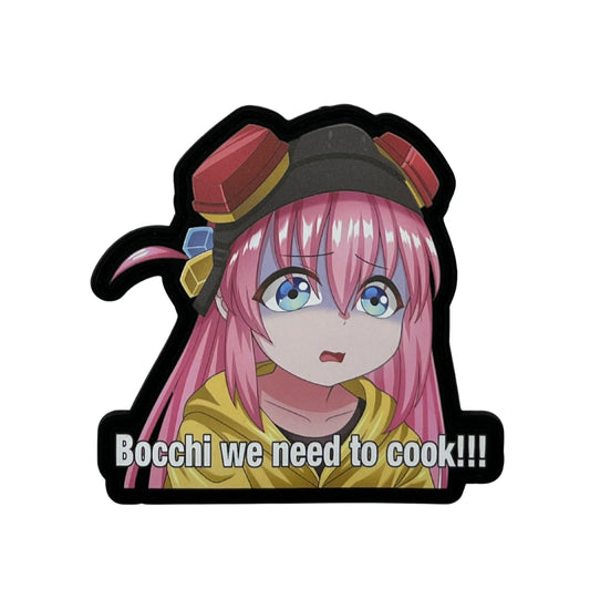 Bocchi with chemical mask, text 'Bocchi we need to cook!!!'