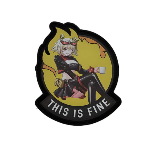 Custom made UV-Printed PVC patches featuring Burnice White, from Zenless Zone Zero in fusion with the iconic meme of an anthropomorphic dog trying to assure himself that everything is fine, despite sitting in a room that is engulfed in flames.