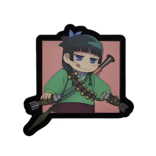 Custom made UV-Printed PVC patches featuring Maomao from Apothecary Diaries chilling with her collections of weaponries!