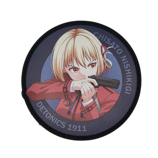 Circular patch of Chisato Nishikigi from the Anime Lycoris Recoil holding a gun on a white background