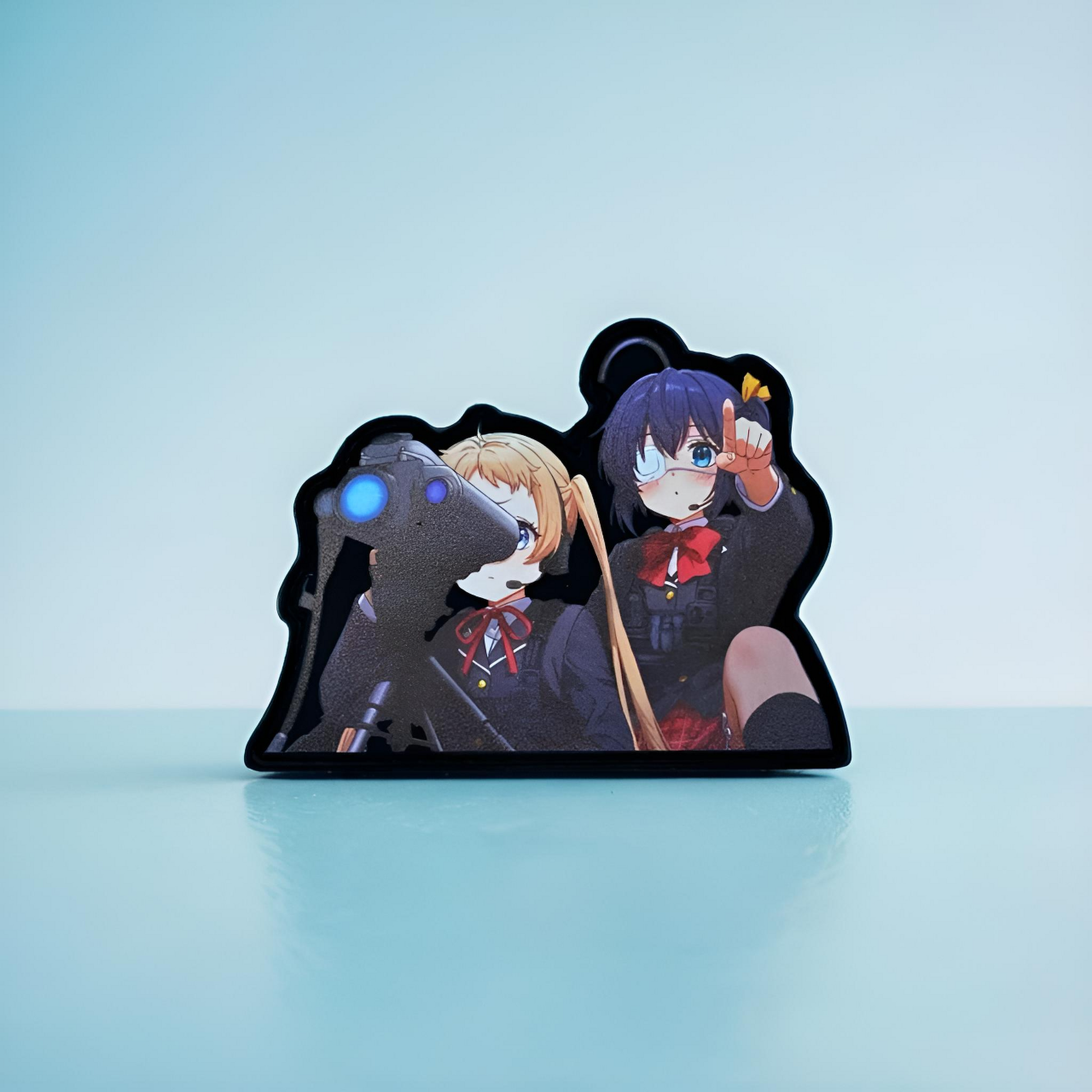 Stylized illustration of two characters on a light blue background