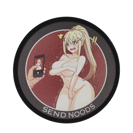 Circular product with anime-style illustration and text 'SEND NOODS' on a white background
