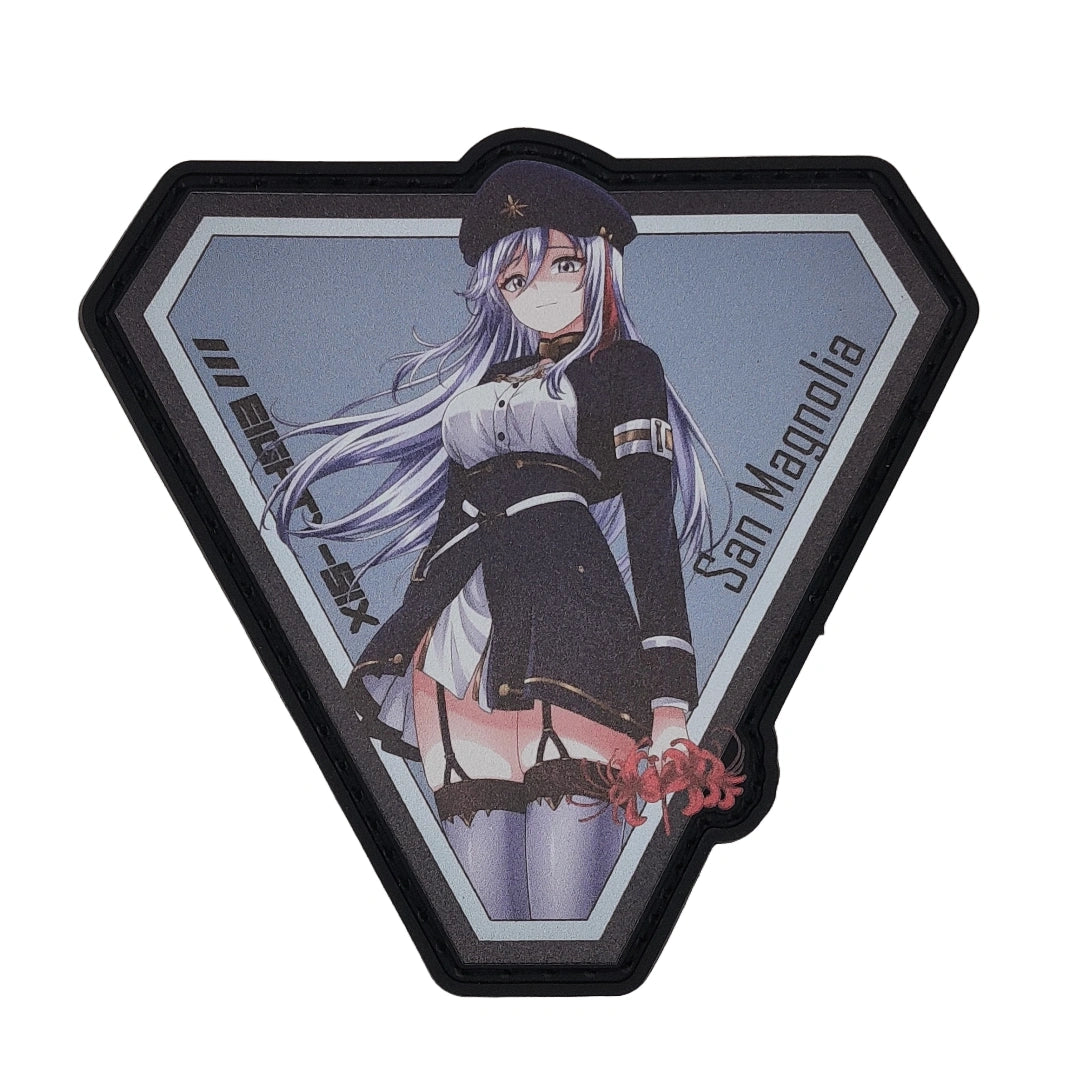 Patch of Lena Vladilena Miliz from the anime Eighty Six holding a Red Spider Lily with one hand on a white background