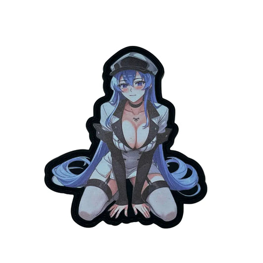 Anime character with blue hair and a helmet on a white background