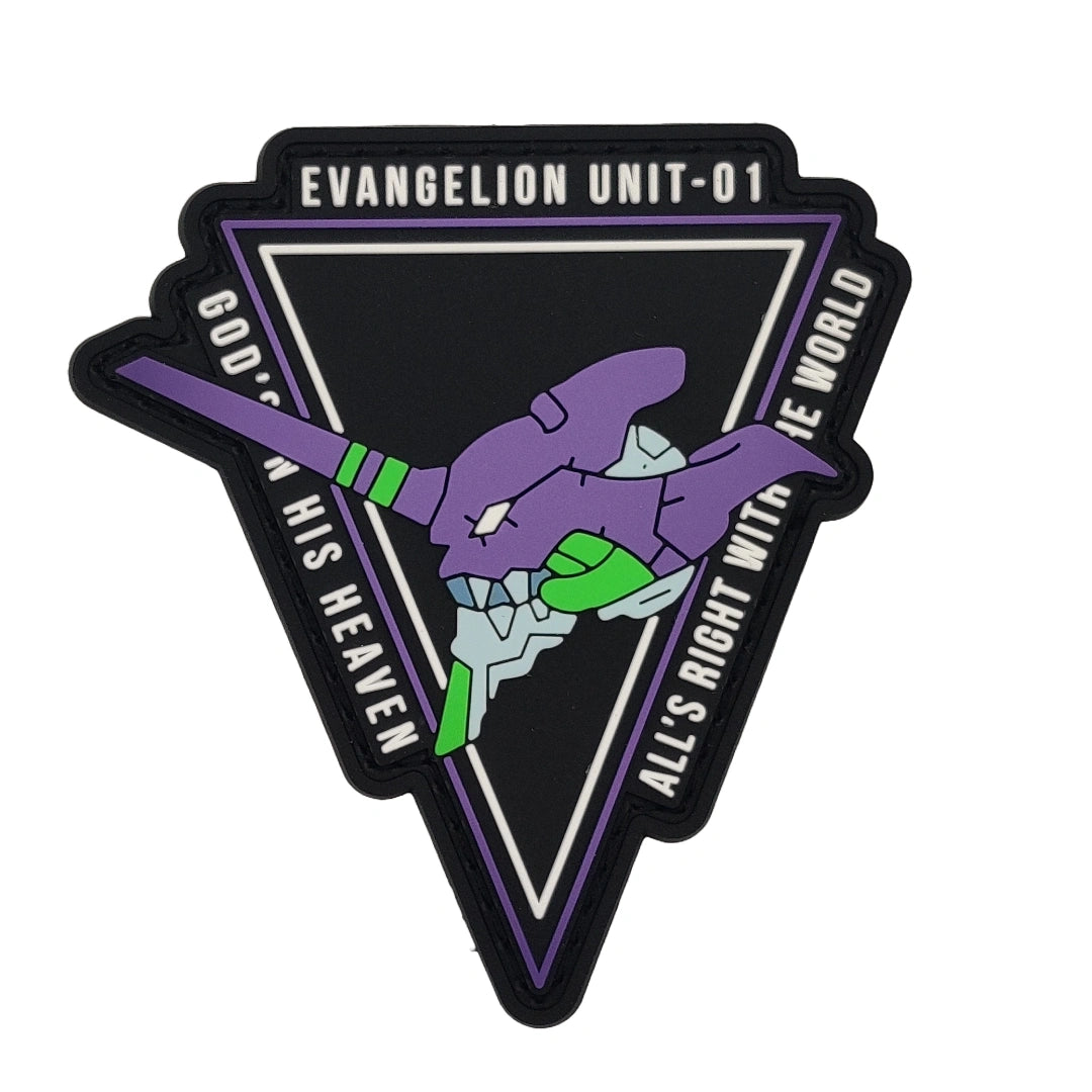 Stylized logo of unit-01 from Evangelion anime in a dynamic pose on a white background