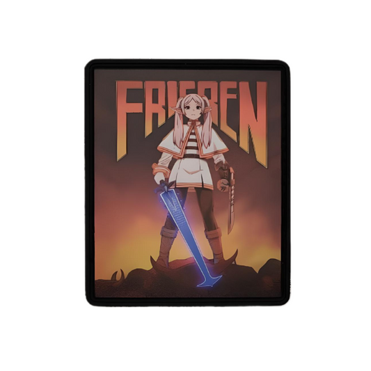 Custom made UV-Printed PVC patches featuring Frieren, from Frieren: Beyond Journey's End in fusion with the popular video game, Doom. Frieren now stands as the new demon slayer that rips and tears any mortally-challenged being that stands in her way!