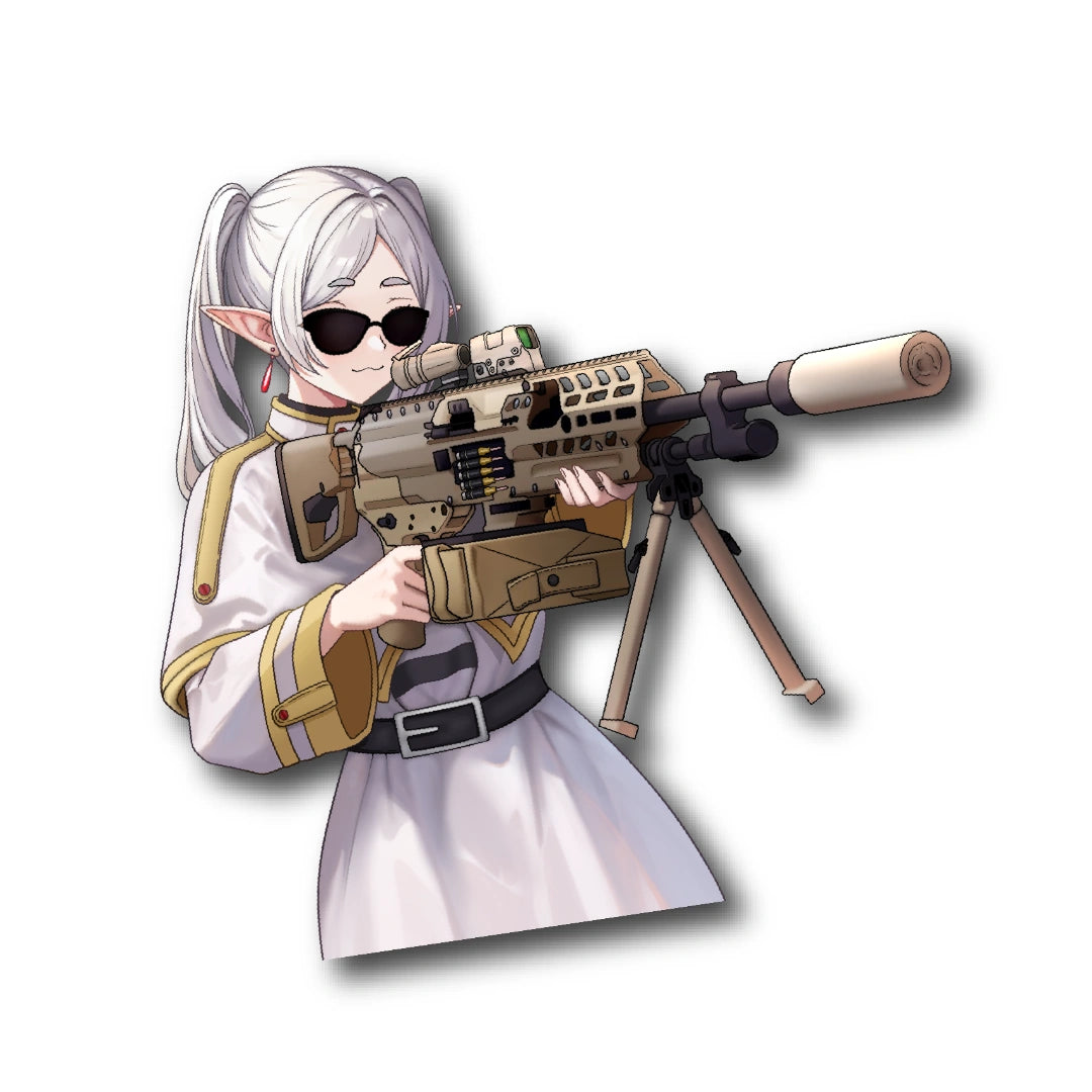 A custom made sticker featuring Frieren from the anime Frieren: Beyond the Journey's end holding the XM250 blasting through the demonic's stronghold.