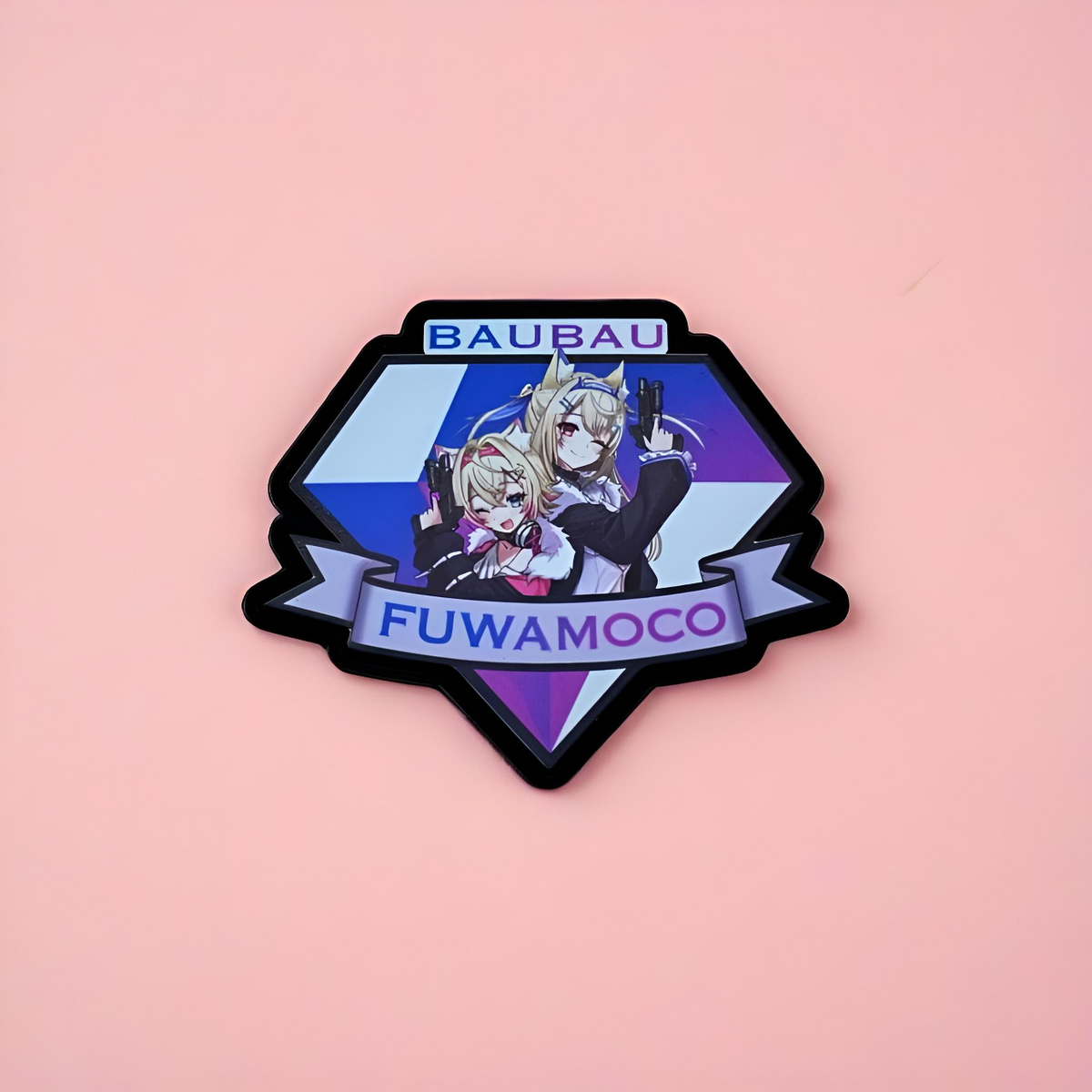 Velcro-Patch of Fuwamoco from Hololive  and text bau bau fuwamoco on a pink background