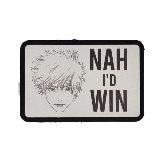Patch with an illustration of Gojo Satoru and text 'NAH I'D WIN' on a white background