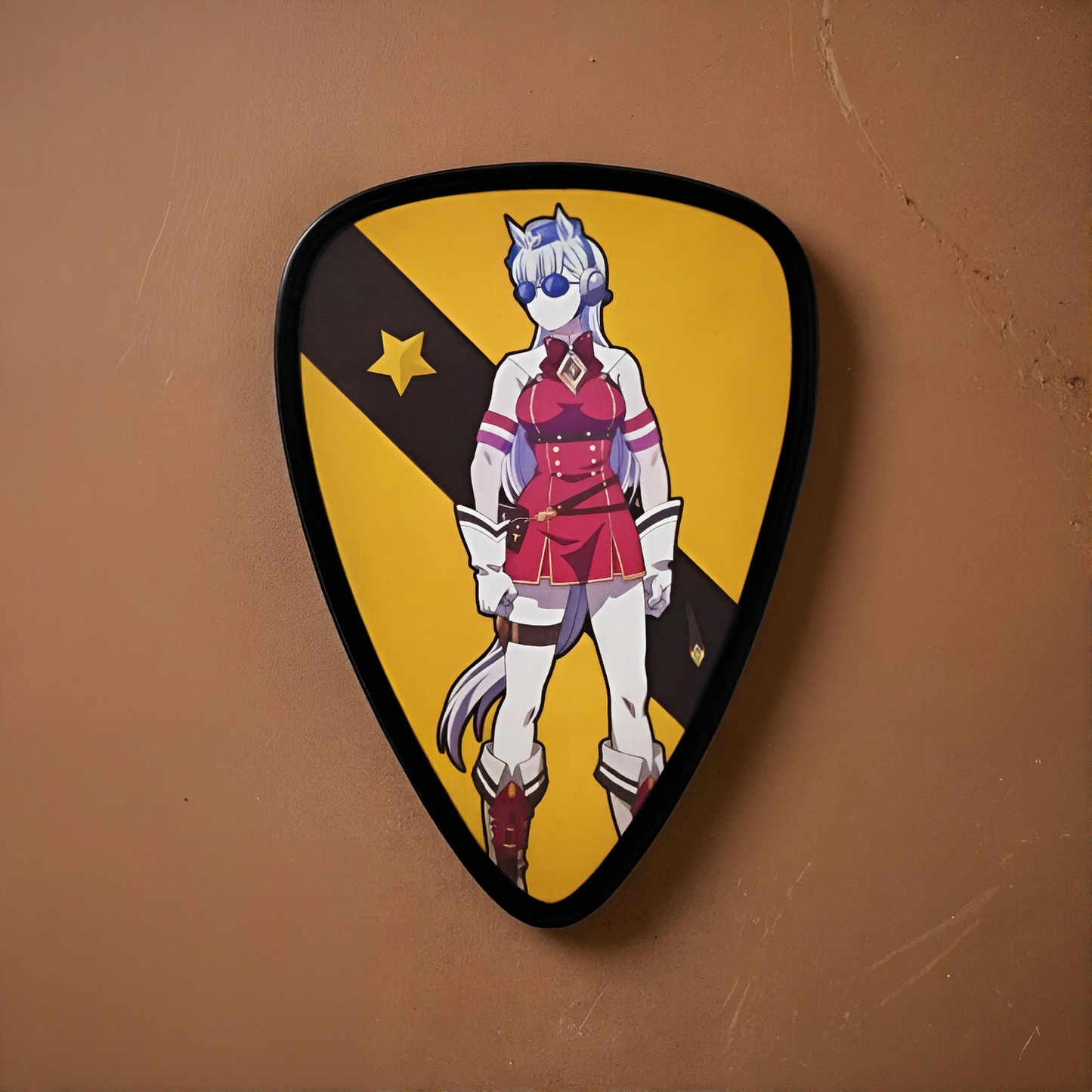 gold ship from uma musume combined with 1st calvary patch of shield shape design with brown color background.