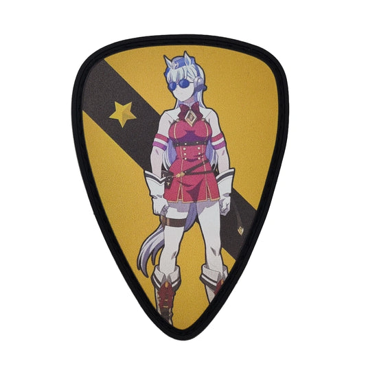Parody of the 1st cavalry division Patches with gold ship from uma musume design on a shield-shaped background.