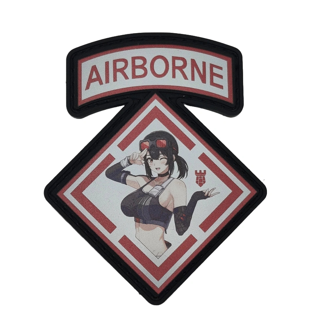 PVC patch with 'AIRBORNE' text and Grace Howard from the game Zenless Zone Zero on a white background