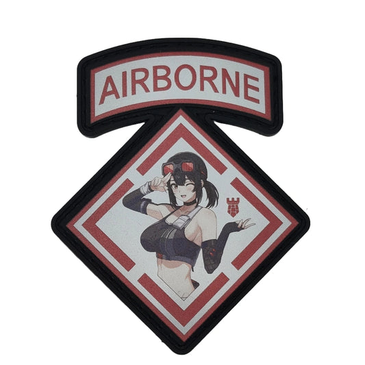 PVC patch with 'AIRBORNE' text and Grace Howard from the game Zenless Zone Zero on a white background