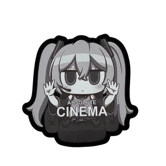 chibi version of Hatsune Miku with 'Absolute Cinema' text on a white background
