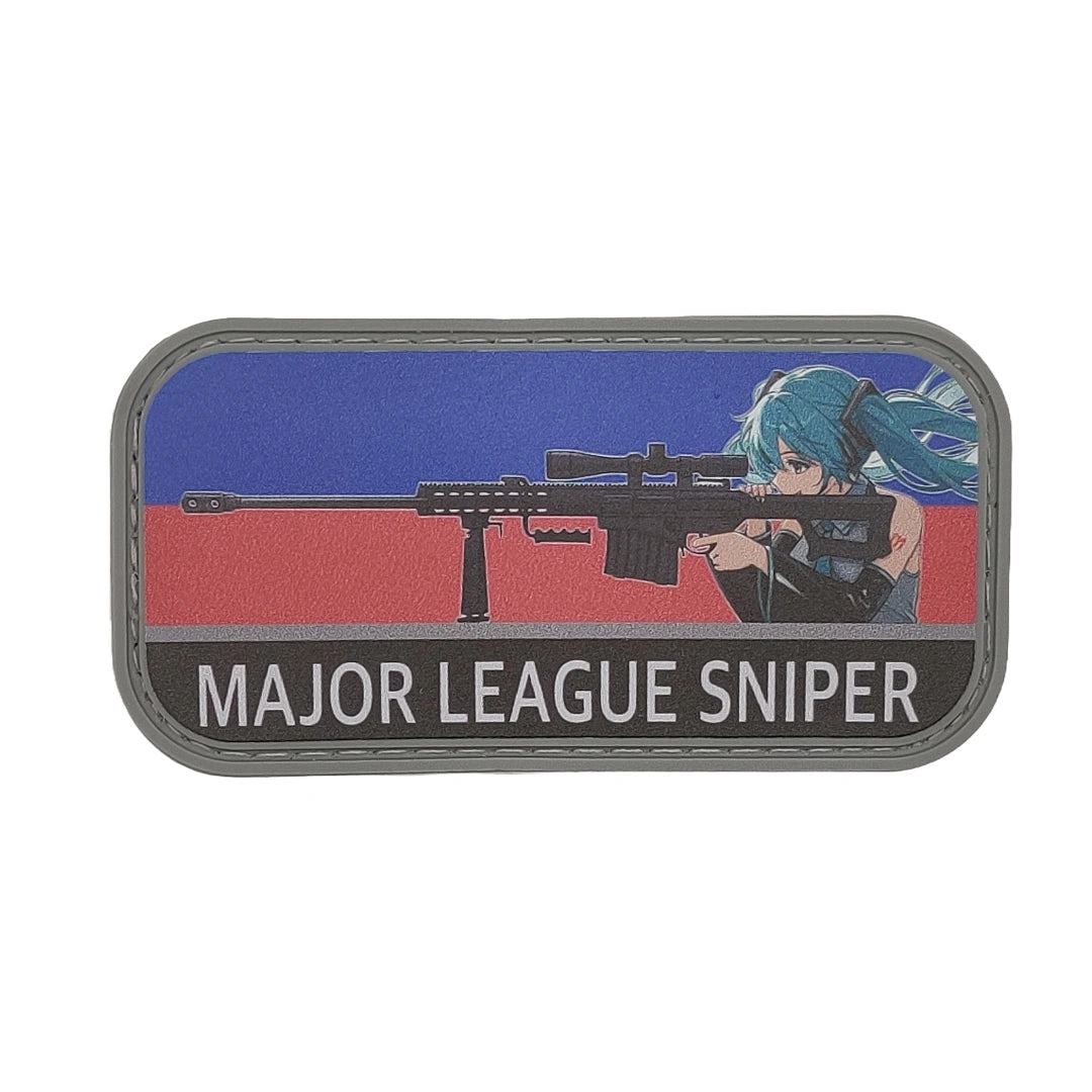 Patch with an anime character holding a rifle and 'Major League Sniper' text on a blue and red background.