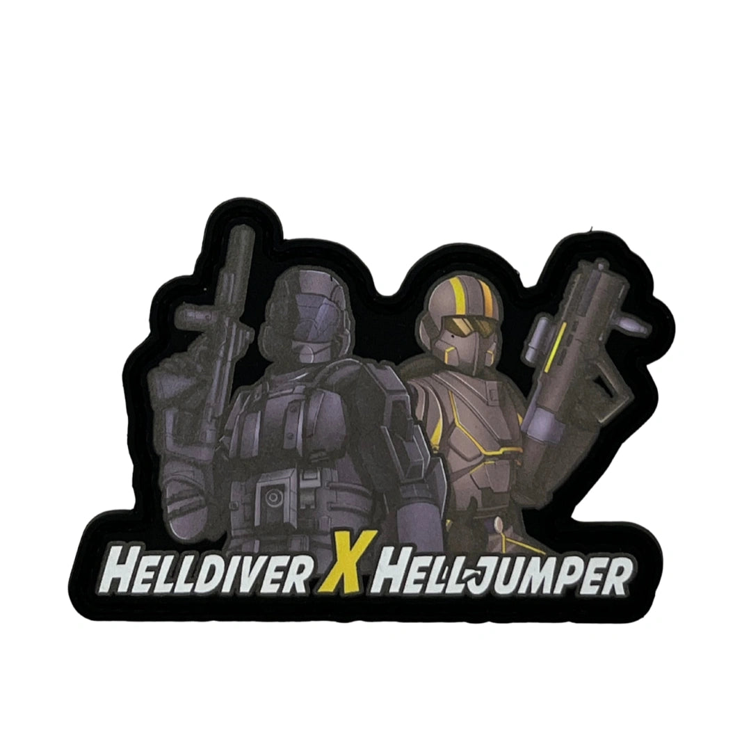 Sticker of two characters from 'Helldiver X Helljumper' with weapons on a white background.