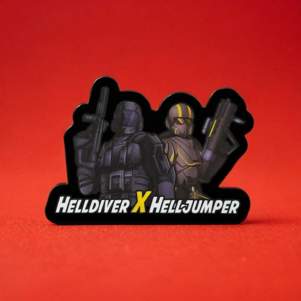 Sticker with helldiver and odst soldier'Helldiver X Helljumper' text on a red background