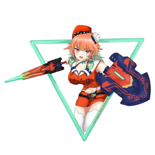 A custom made sticker featuring Takanashi Kiara from Hololive EN with her cool design of sword and shield!