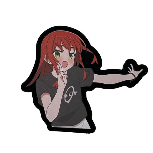 Anime character sticker with red hair and a black shirt on a white background