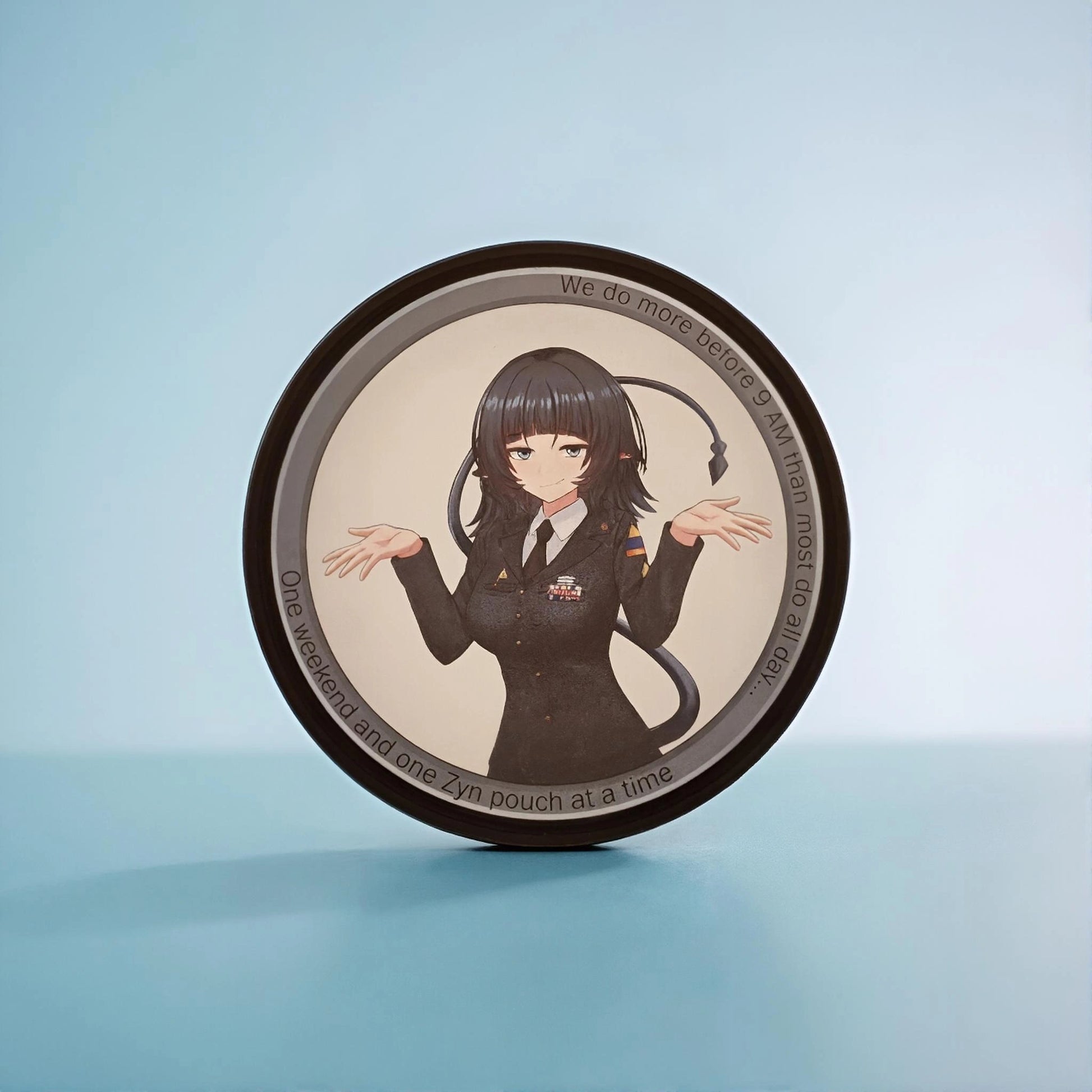 Circular Jane Doe from Zenless Zone Zero on a light blue background