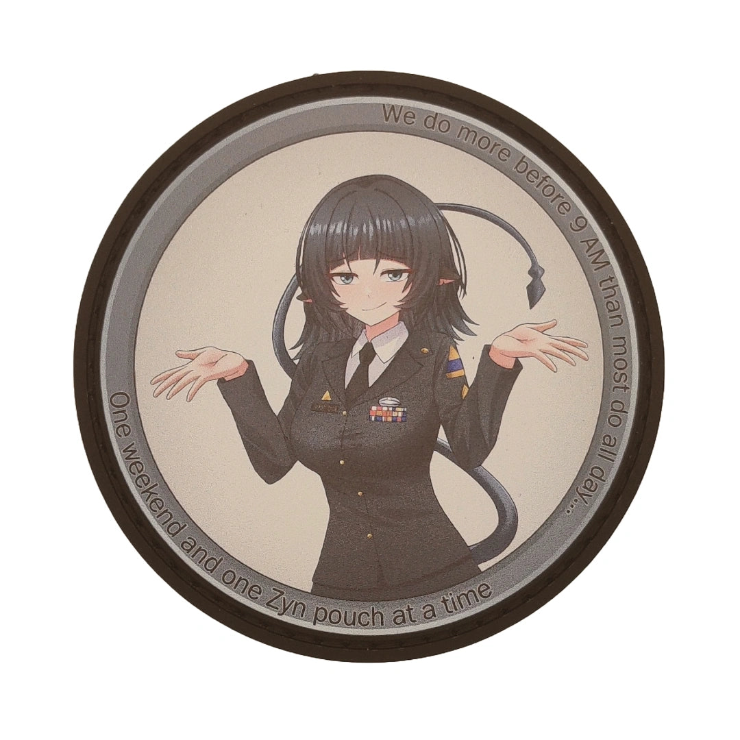 Circular product with Jane Doe from Zenless Zone Zero and text we do more before 9am than most do all day one weekend and one zyn pouch at a time on a beige background